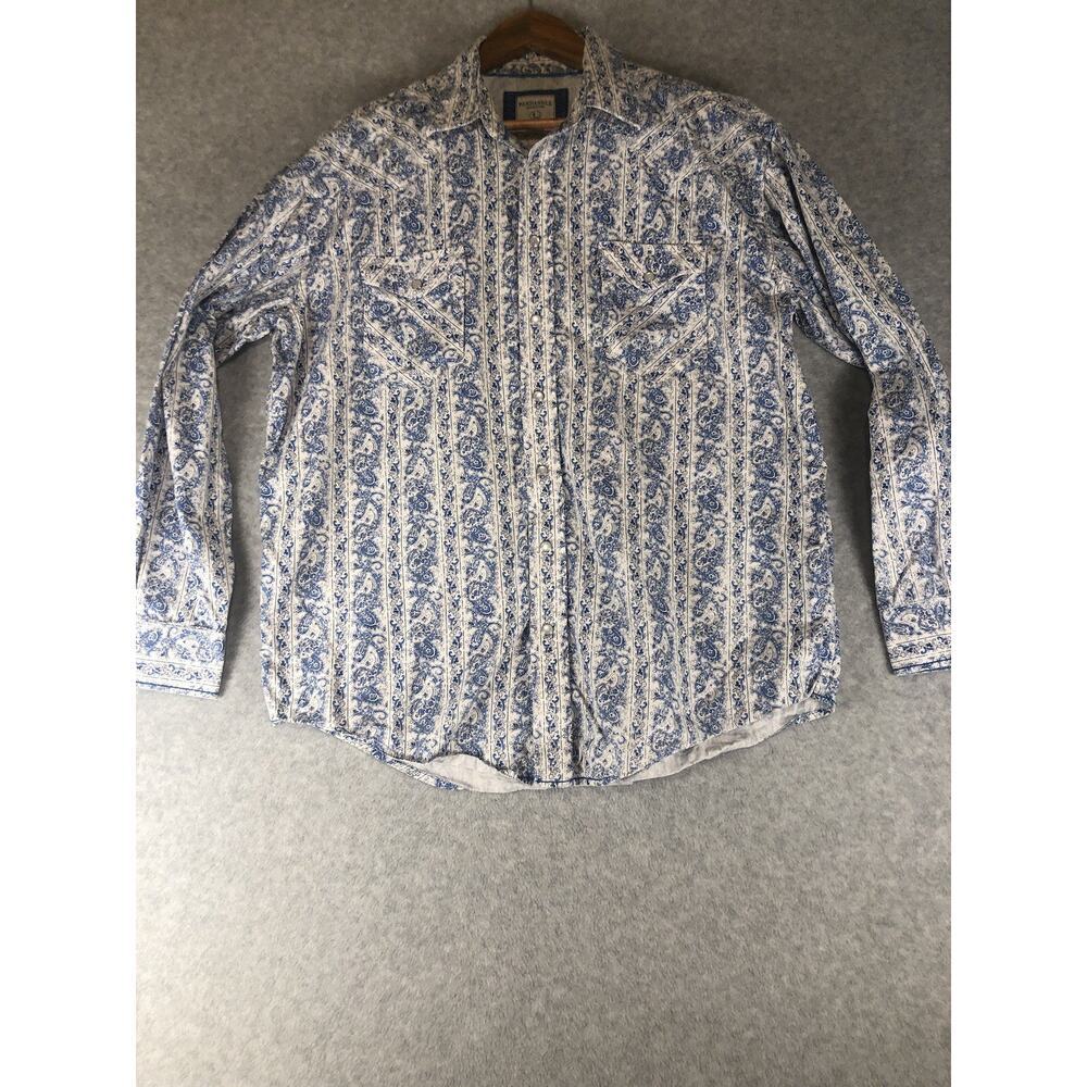 Panhandle Rough Stock Shirt L Pearl Snap Long Sleeve Western Blue Paisley Rodeo